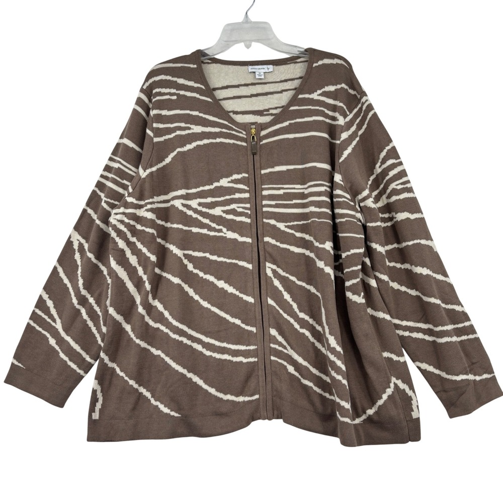 Susan Graver Cardigan Sweater 3x Brown Cream Zebra Abstract Print Zip Front Knit